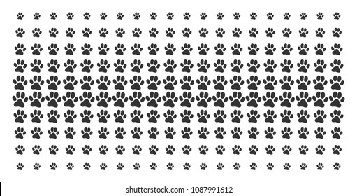 Paw footprint icon halftone pattern, constructed for backgrounds, covers, templates and abstract effects. Vector paw footprint objects organized into halftone matrix.