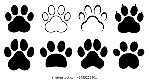 Paw footprint icon set, cute animal track collection, dog or cat paw print icons in different style