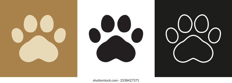 Paw footprint icon set. Pet paw icons in different style. Cat or dog foot print