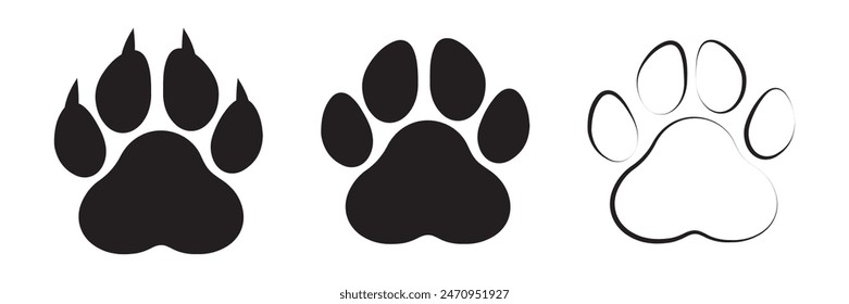 Paw footprint icon set, paw print icons in different style, cute animal track	