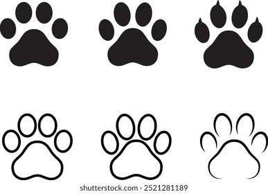 Paw footprint icon set, paw print icons in different style, cute animal track. Set of animal paw print. Vector paw. Dog, puppy.