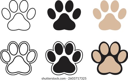 Paw footprint icon set. Paw print icons in different style isolated on transparent background. Dog and cat paw vector signs. Wild animal footprint icons, Sketch Design, Editable stroke.