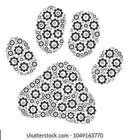 Paw Footprint mosaic of gearwheels. Vector cogwheel items are grouped into paw footprint composition.