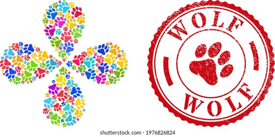 Paw footprint multi colored rotation burst, and red round WOLF textured stamp seal. Paw footprint symbol inside round stamp seal. Object burst organized from scattered paw footprint items.