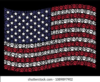 Paw footprint pictograms are organized into waving USA flag abstraction on a dark background. Vector composition of American state flag is made with paw footprint items.