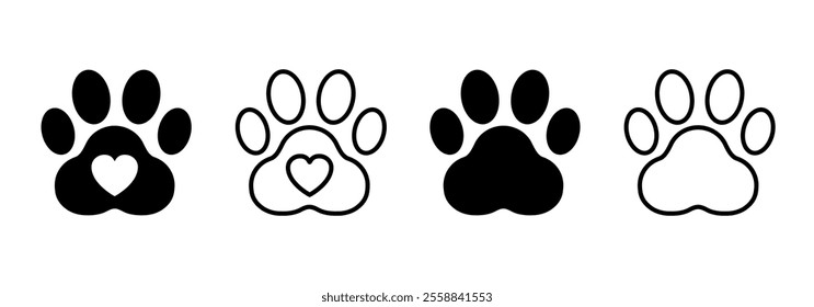 Paw footprint set icons, cute animal track with heart, paw icons in solid and line style