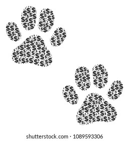 Paw footprints collage of dollar symbols and round points. Vector dollar signs are combined into paw footprints collage.