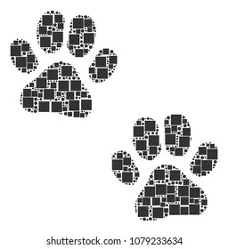 Paw Footprints collage icon of rectangles and circle particles in variable sizes. Vector objects are organized into paw footprints illustration design concept.