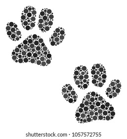 Paw Footprints composition of circle dots in variable sizes and color tinges. Circle dots are united into paw footprints vector collage. Vector illustration.