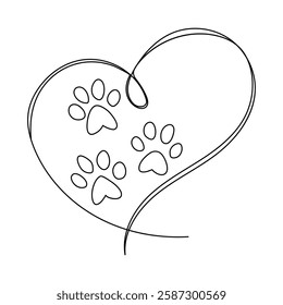 Paw footprints of dog or cat continuous single line drawing vector illustration