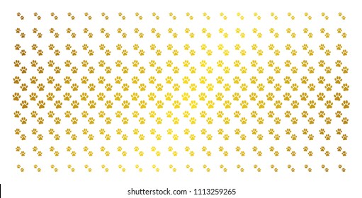 Paw footprints icon golden halftone pattern. Vector paw footprints shapes are arranged into halftone array with inclined golden gradient. Designed for backgrounds, covers,