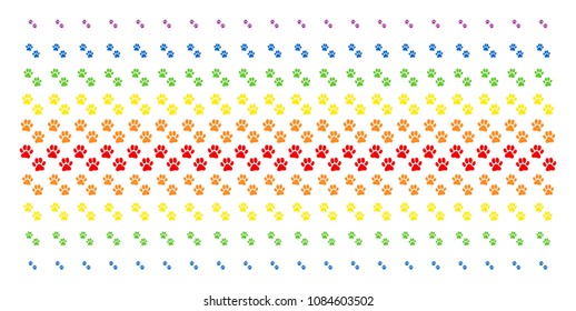 Paw Footprints icon rainbow colored halftone pattern. Vector objects organized into halftone array with vertical spectral gradient. Designed for backgrounds, covers,