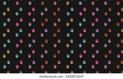 Paw Footprints Pattern. Seamless aligned pattern with colorful footprints against black background. Seamless pattern of paw prints. Can be used in textile and other stuff. Colors are editable. EPS 