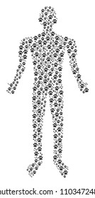 Paw footprints person representation. Vector paw footprints icons are composed into man collage.