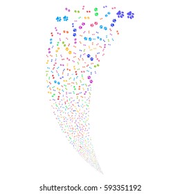 Paw Footprints random fireworks stream. Vector illustration style is flat bright multicolored iconic symbols on a white background. Object fountain constructed from scattered pictographs.