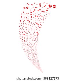 Paw Footprints random fireworks stream. Vector illustration style is flat red iconic symbols on a white background. Object fountain made from scattered pictograms.