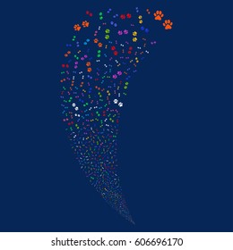 Paw Footprints random fireworks stream. Vector illustration style is flat bright multicolored iconic symbols on a blue background. Object fountain created from scattered pictographs.