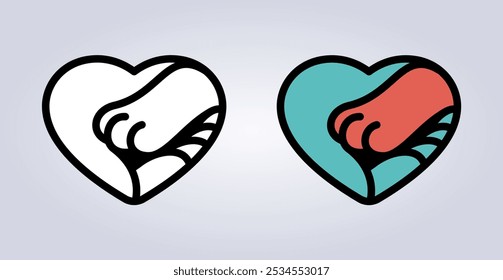 Logotipo Paw in hand. Design de palmeiras de gato e humano. Marca de amor amigável animal de estimação. Animais domésticos casa e loja sinal. Marca de marca de clínica veterinária. Símbolo de adoção amigável. Ilustração vetorial.