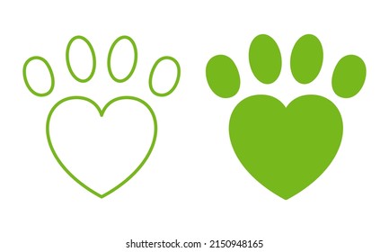 Paw Heart Animal Love Line und Silhouette Icon. Pet, Hund, Cat Footprint Piktogramm Set. Foot Print Puppy Shape Sign. Cute Canine Imprint Symbol. Logo des Veterinary Shop. Einzelne Vektorgrafik.