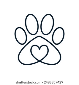 Paw, heart. Concept love, protection, care of animals. Vector linear icon isolated on white background