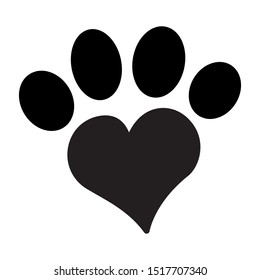 Paw with Heart Icon. Concept for Healthcare Medicine and Pet Care. Outline and Black Domestic Animal. Pets Symbol, Icon and Badge. Simple Vector illustration.