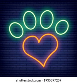 Paw with Heart Neon Icon. Concept for Healthcare Medicine and Pet Care. Outline and Black Domestic Animal. Pets Symbol, Icon and Badge. Simple Vector illustration on dark brickwork.