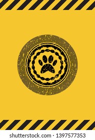 paw icon black grunge emblem, yellow warning sign. Vector Illustration. Detailed.