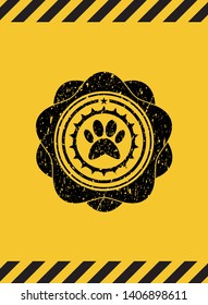 paw icon black grunge emblem inside yellow warning sign. Vector Illustration. Detailed.