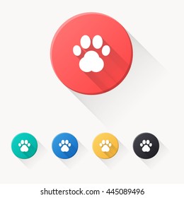 Paw icon or button in flat style with long shadow, isolated vector illustration on white transparent background