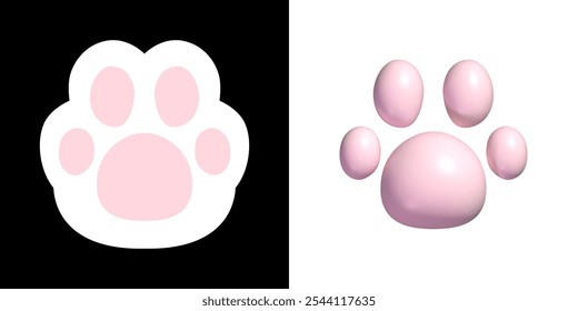 Paw icon different style. Flat and 3d cat or puppy footprint 