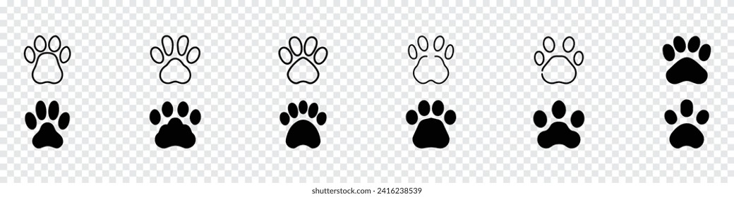 Paw icon, dog or cat paw, animal, Black silhouette of a paw print, Different animal paws . Black paw. footprint icons, footprint of an animal, canine footprints. Traces of dog paws, dog paws