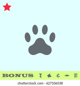 Paw icon flat. Grey pictogram on blue background. Vector illustration symbol and bonus buttons medal, cow, earth, eye, calculator