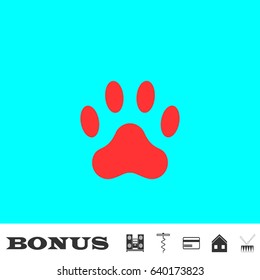 Paw icon flat. Red pictogram on blue background. Vector illustration symbol and bonus buttons Music center, corkscrew, credit card, house, drum