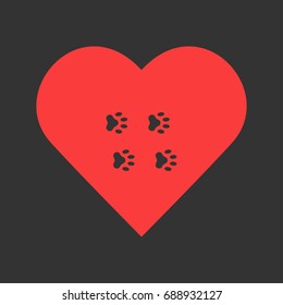 Paw icon flat. Simple pictogram on heart background. Vector illustration symbol