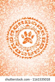 paw icon inside abstract emblem, orange mosaic background