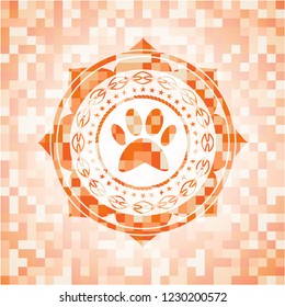 paw icon inside abstract emblem, orange mosaic background