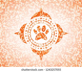 paw icon inside abstract emblem, orange mosaic background