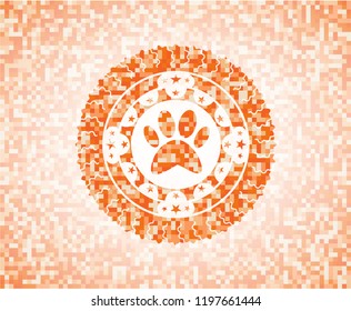 paw icon inside abstract orange mosaic emblem with background