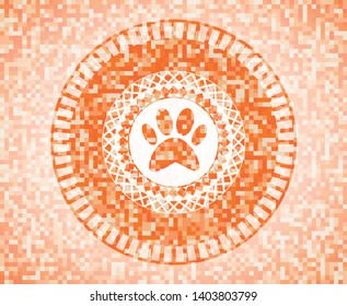 paw icon inside abstract orange mosaic emblem with background