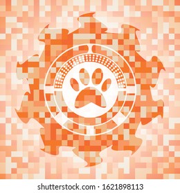 paw icon inside abstract orange mosaic emblem with background