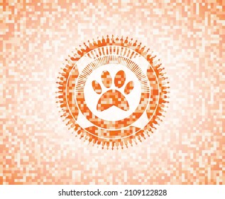 paw icon inside abstract orange mosaic emblem. 