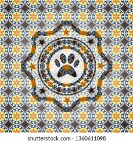 paw icon inside arabesque badge background. arabic decoration.