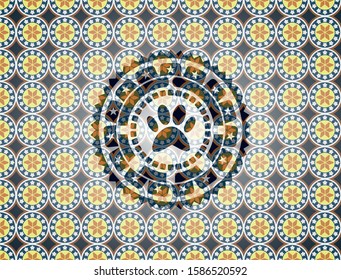 paw icon inside arabesque style badge. arabic decoration.