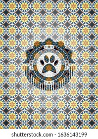 paw icon inside arabic badge. Arabesque decoration.