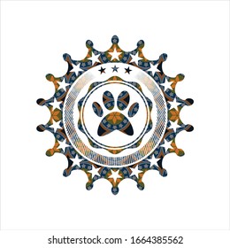 paw icon inside arabic badge background. Arabesque decoration.