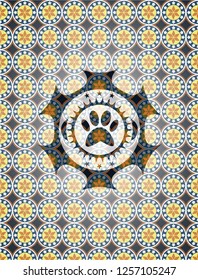 paw icon inside arabic style badge. Arabesque decoration.