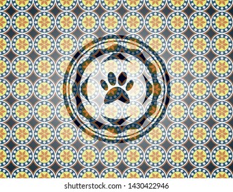 paw icon inside arabic style badge. Arabesque decoration.