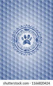 paw icon inside blue emblem with geometric pattern background.