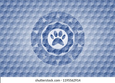 paw icon inside blue emblem or badge with abstract geometric polygonal pattern background.