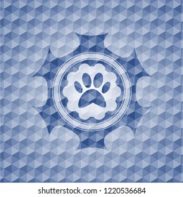 paw icon inside blue emblem or badge with geometric pattern background.
